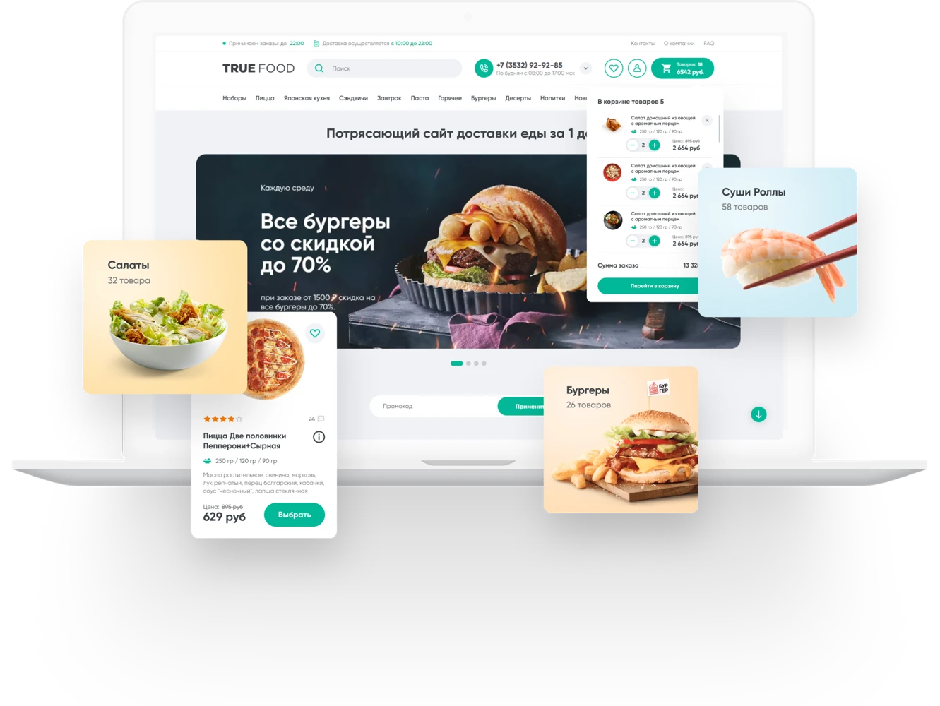 Пример адаптивного сайта доставки TrueShop на компьютере и смартфоне